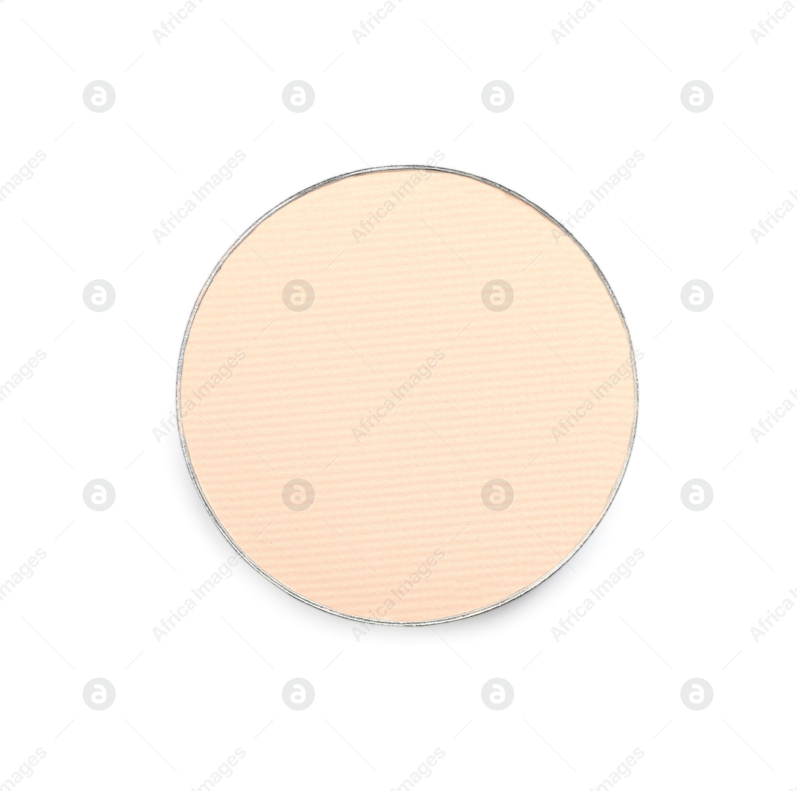 Photo of Beige eye shadow on white background, top view. Decorative cosmetics