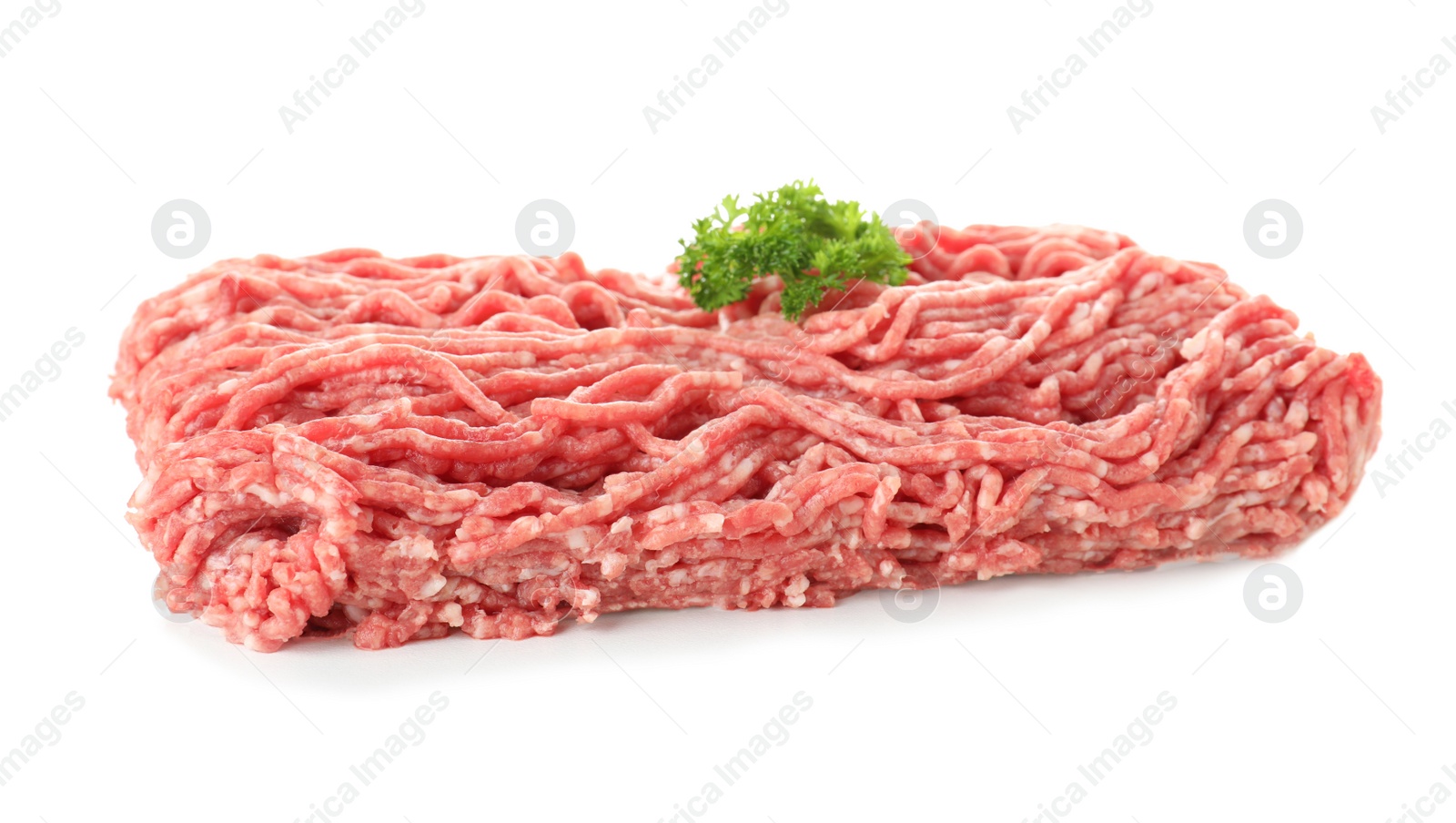 Photo of Minced meat with parsley on white background