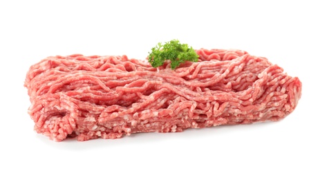 Photo of Minced meat with parsley on white background