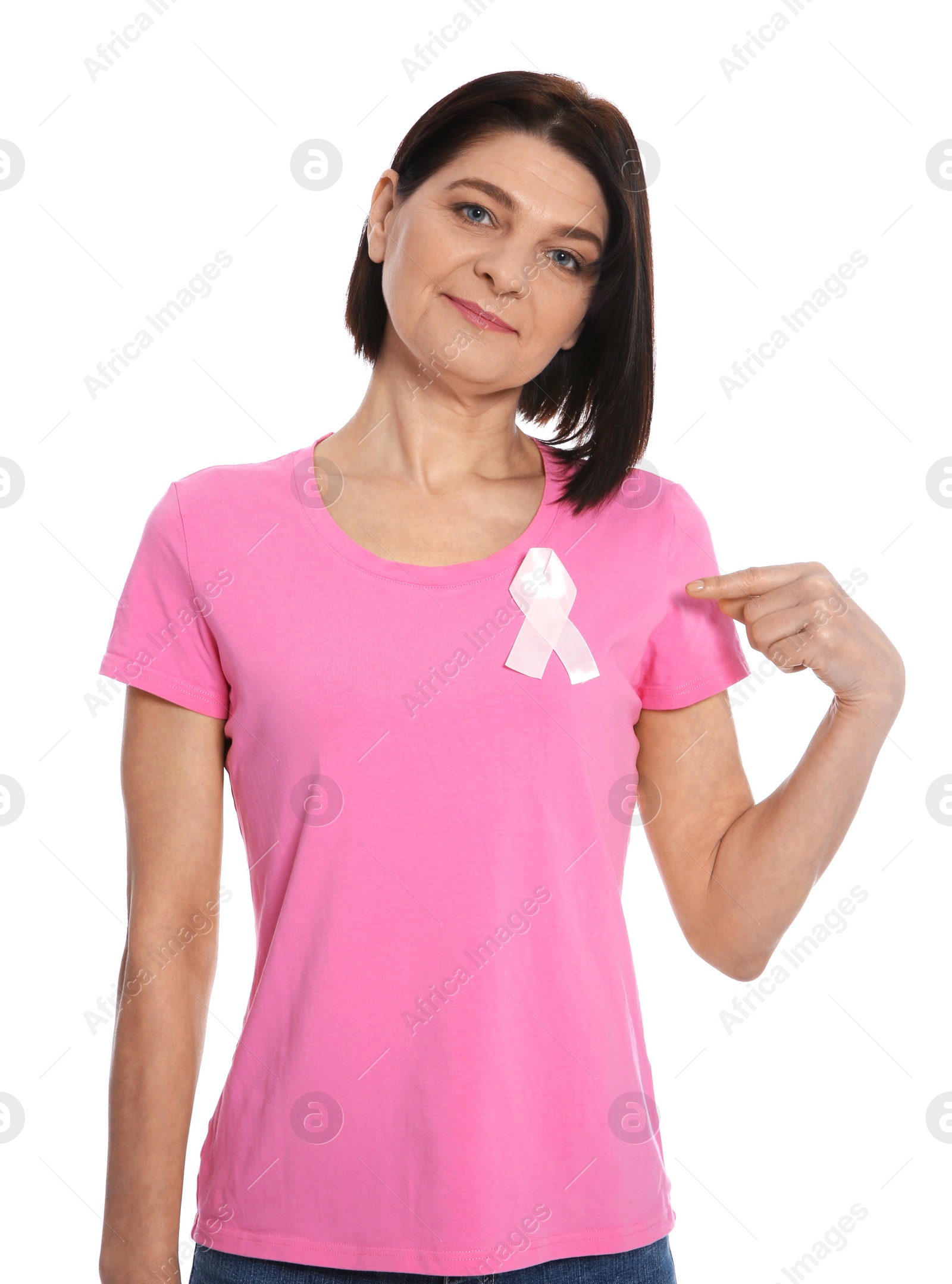 Photo of Woman with silk ribbon on white background. Breast cancer awareness concept