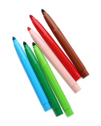 Photo of Many different colorful markers on white background, top view