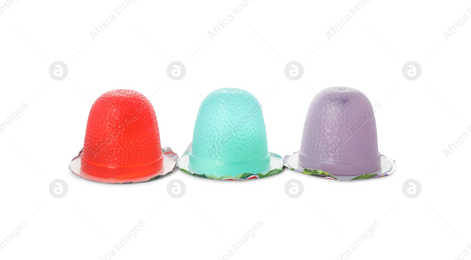 Photo of Tasty bright jelly cups on white background