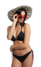 Photo of Beautiful woman in stylish bikini and sunglasses on white background