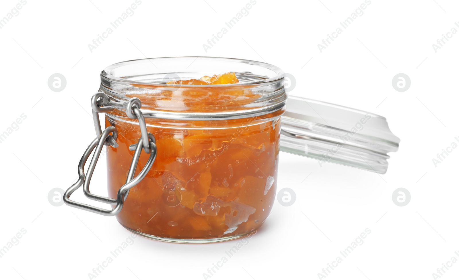 Photo of Jar with peach jam on white background