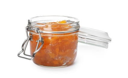 Photo of Jar with peach jam on white background