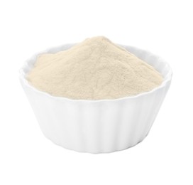 Photo of Bowl of agar-agar powder isolated on white