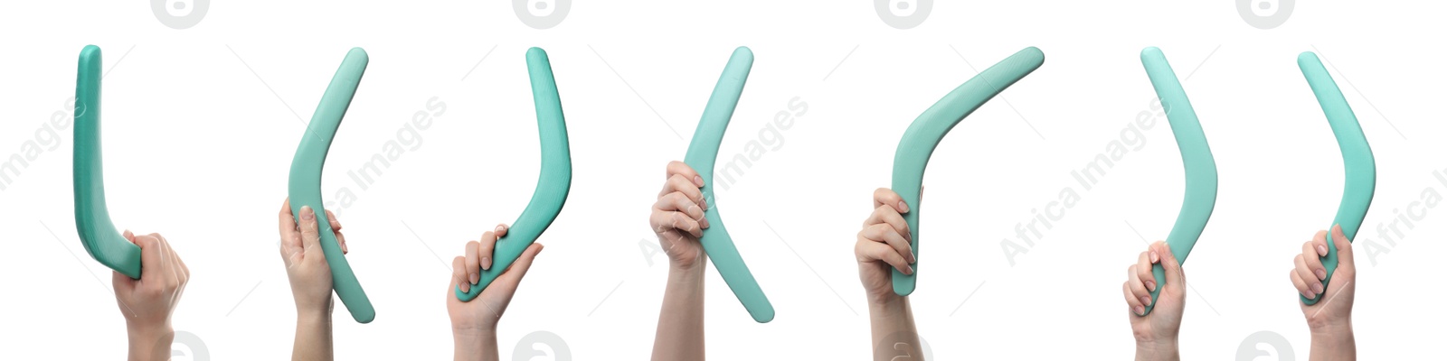 Image of Collage with photos of women holding turquoise boomerangs on white background, closeup. Banner design