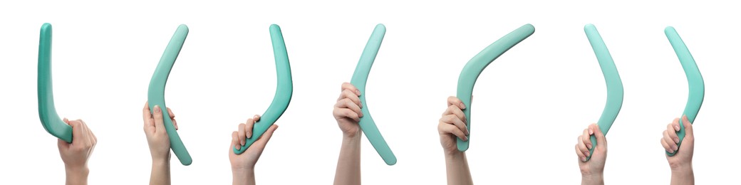 Image of Collage with photos of women holding turquoise boomerangs on white background, closeup. Banner design