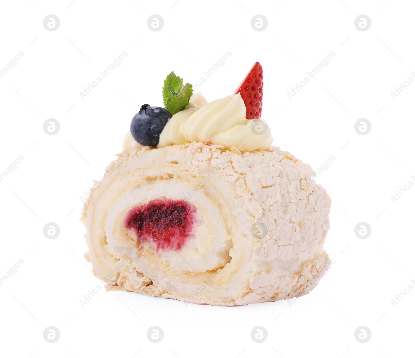 Photo of Slice of tasty meringue roll with jam, berries and mint leaves isolated on white