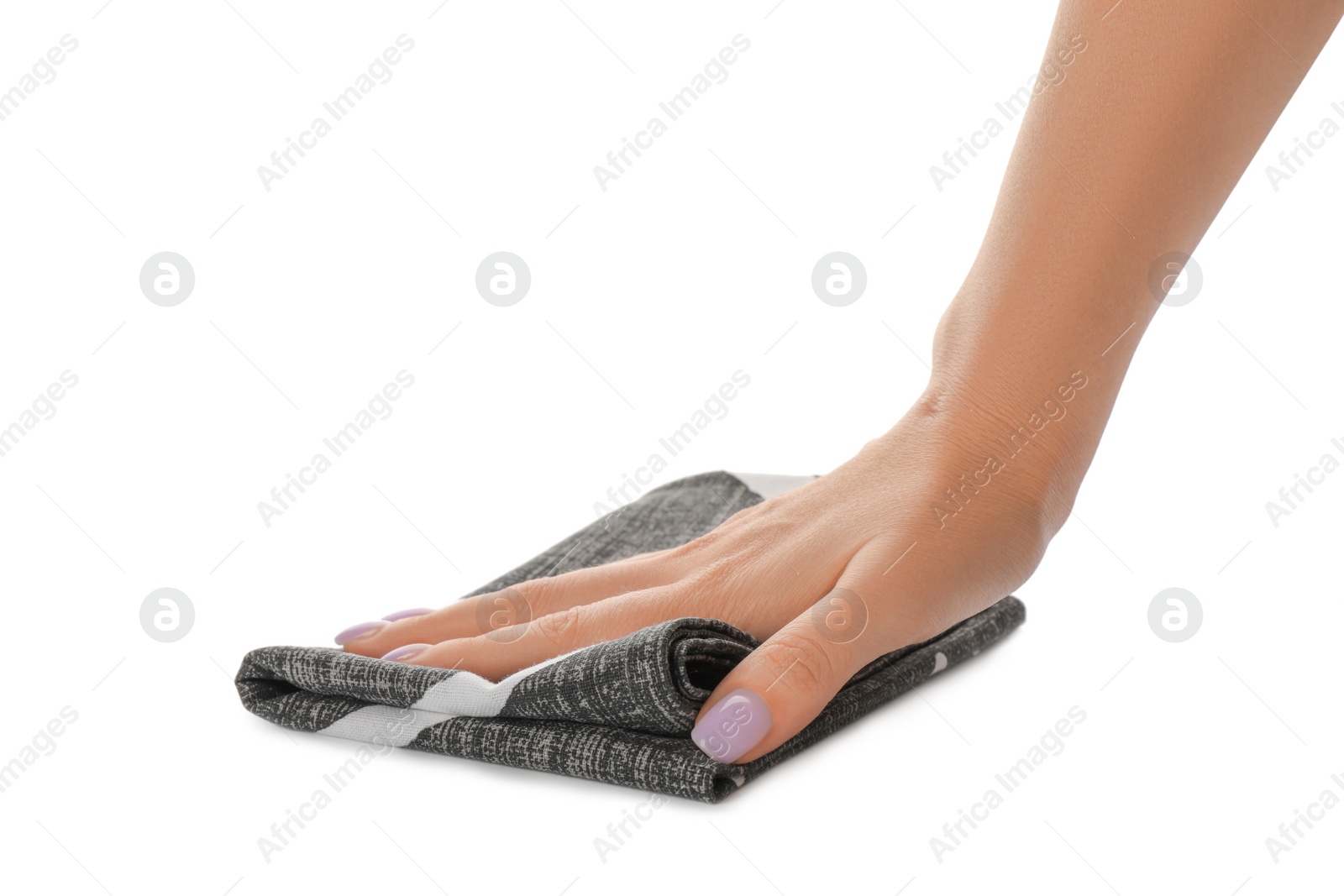 Photo of Woman with kitchen towel on white background, closeup