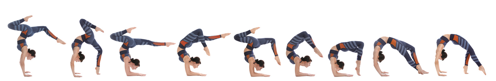 Image of Collage of professional young acrobat exercising on white background. Banner design
