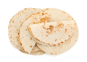 Many tasty homemade tortillas isolated on white, top view