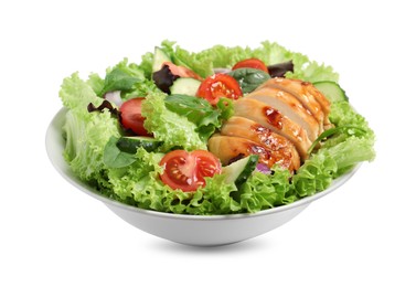 Delicious salad with chicken and vegetables in bowl isolated on white