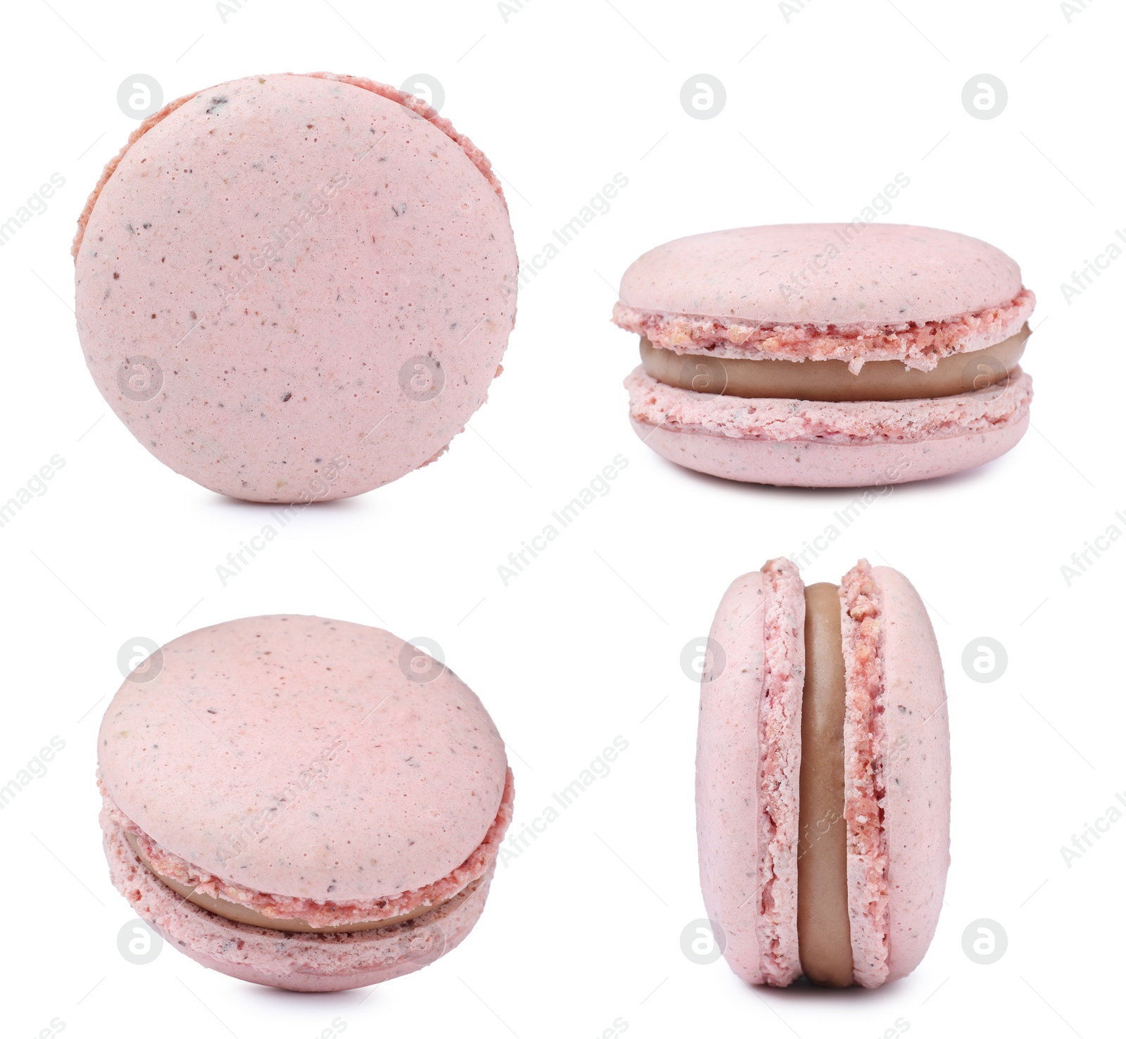 Image of Set with delicious macarons on white background