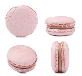 Image of Set with delicious macarons on white background