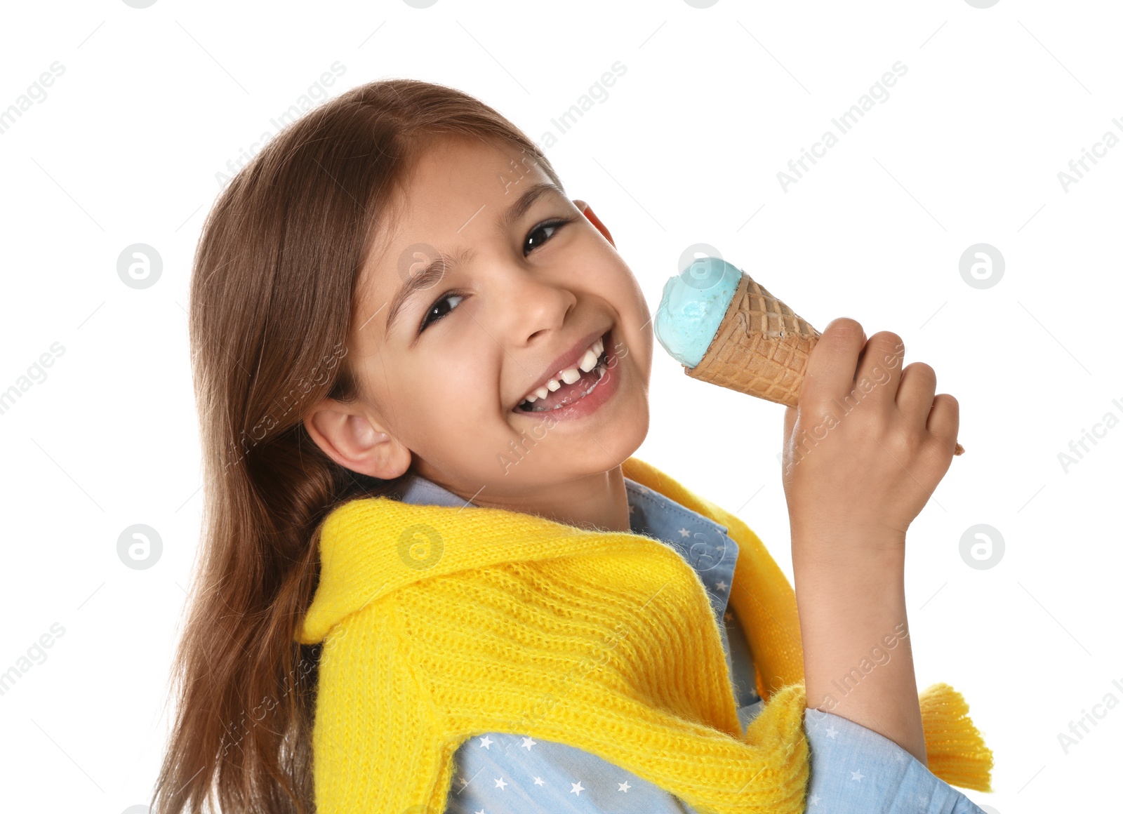 Photo of Adorable little girl with delicious ice cream on white background