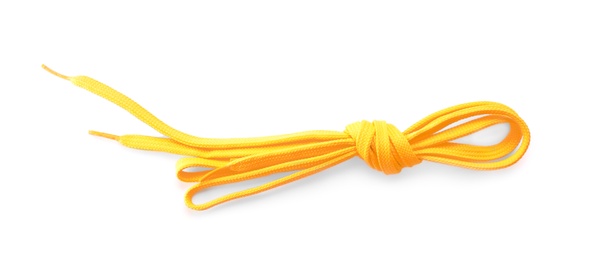 Photo of Orange shoe lace tied in knot isolated on white, top view