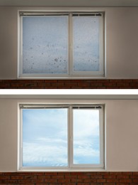 Image of Collage with photos of window before and after cleaning indoors