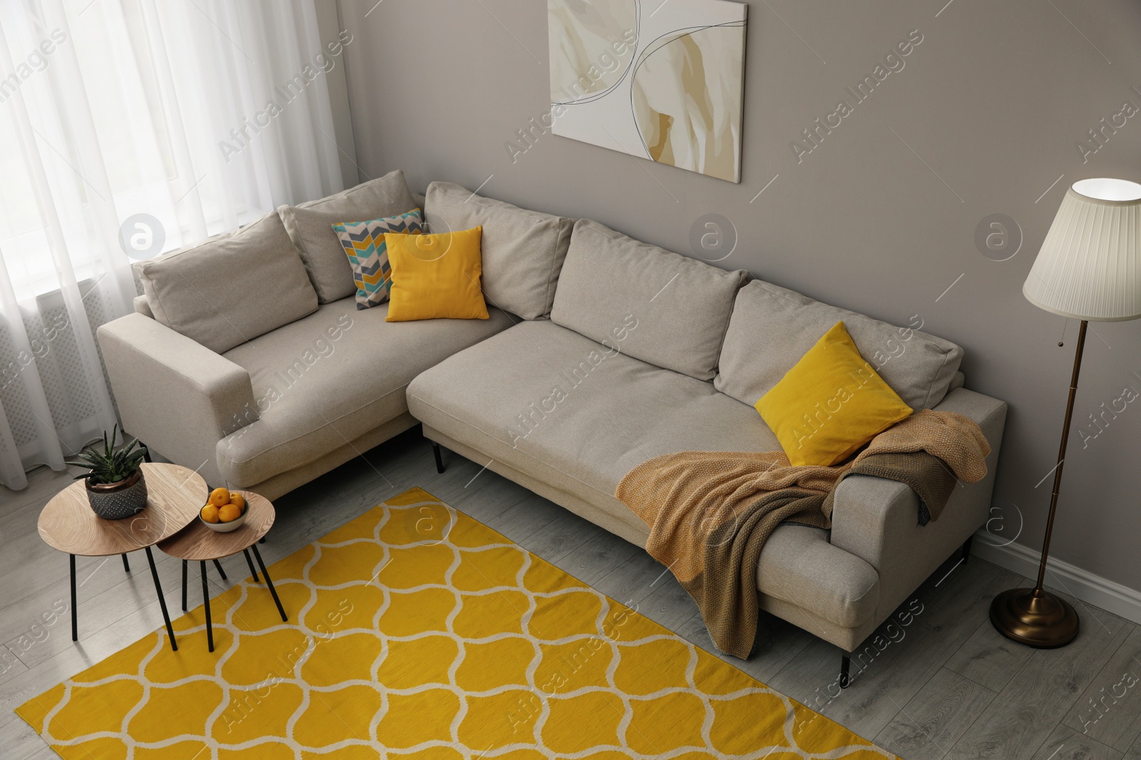 Photo of Living room interior with stylish rug and furniture, above view