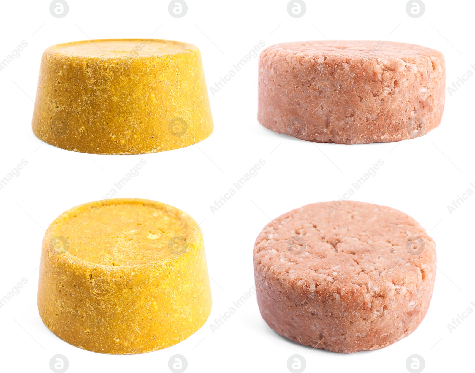 Image of Set with solid shampoo bars on white background. Hair care