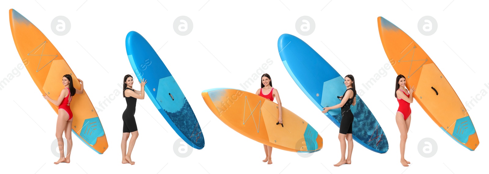 Image of Photos of young woman with sup boards isolated on white, collage