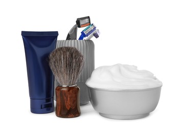 Photo of Set of men's shaving accessories on white background