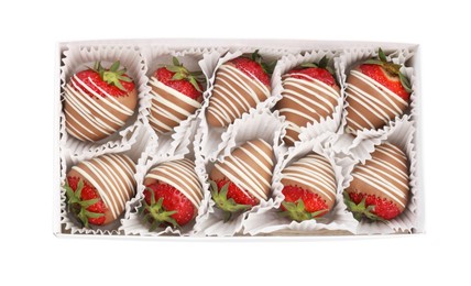 Photo of Box with delicious chocolate covered strawberries isolated on white, top view