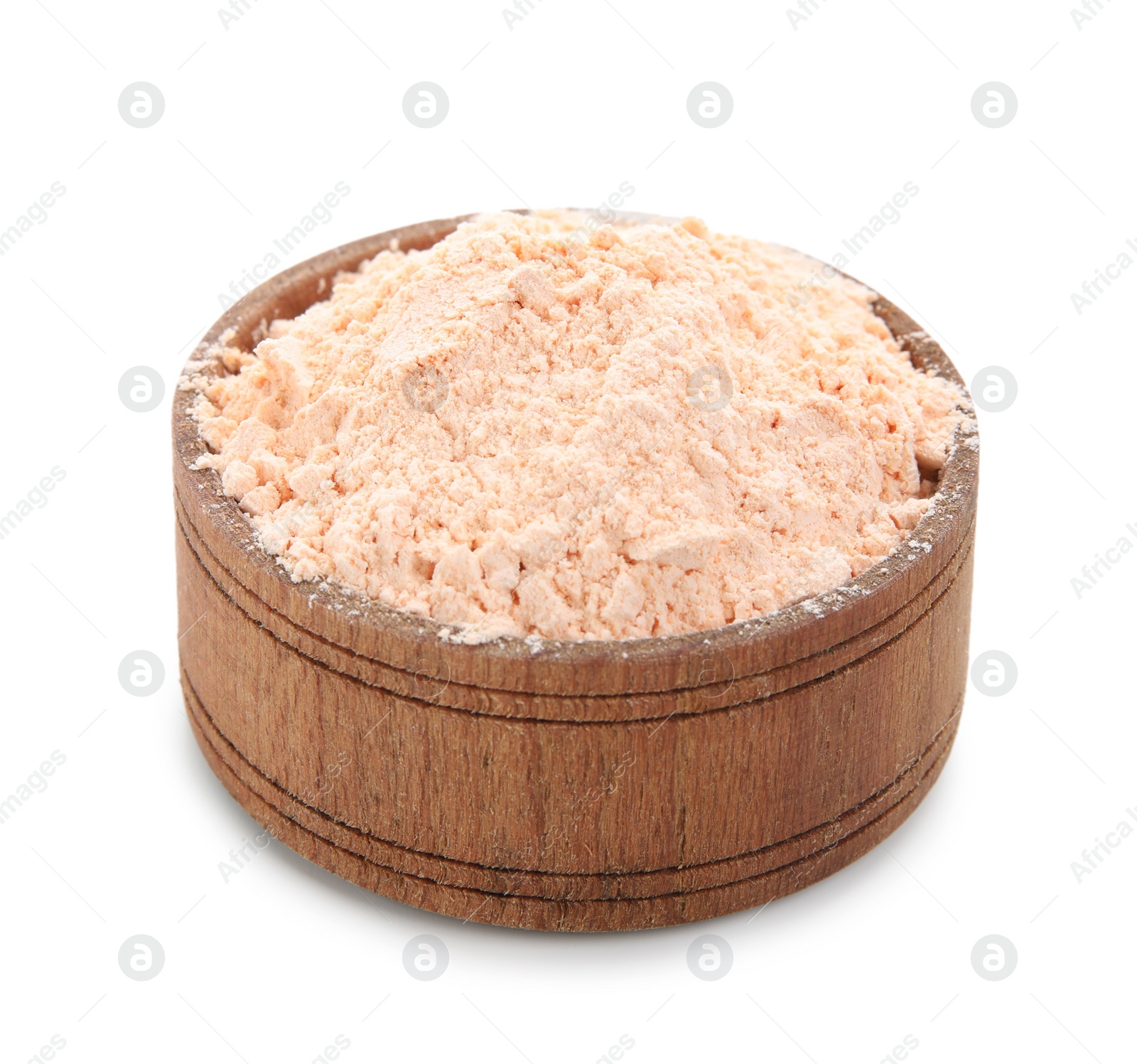 Photo of Lentil flour in wooden bowl isolated on white