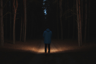 Man with bright flashlight in forest at night