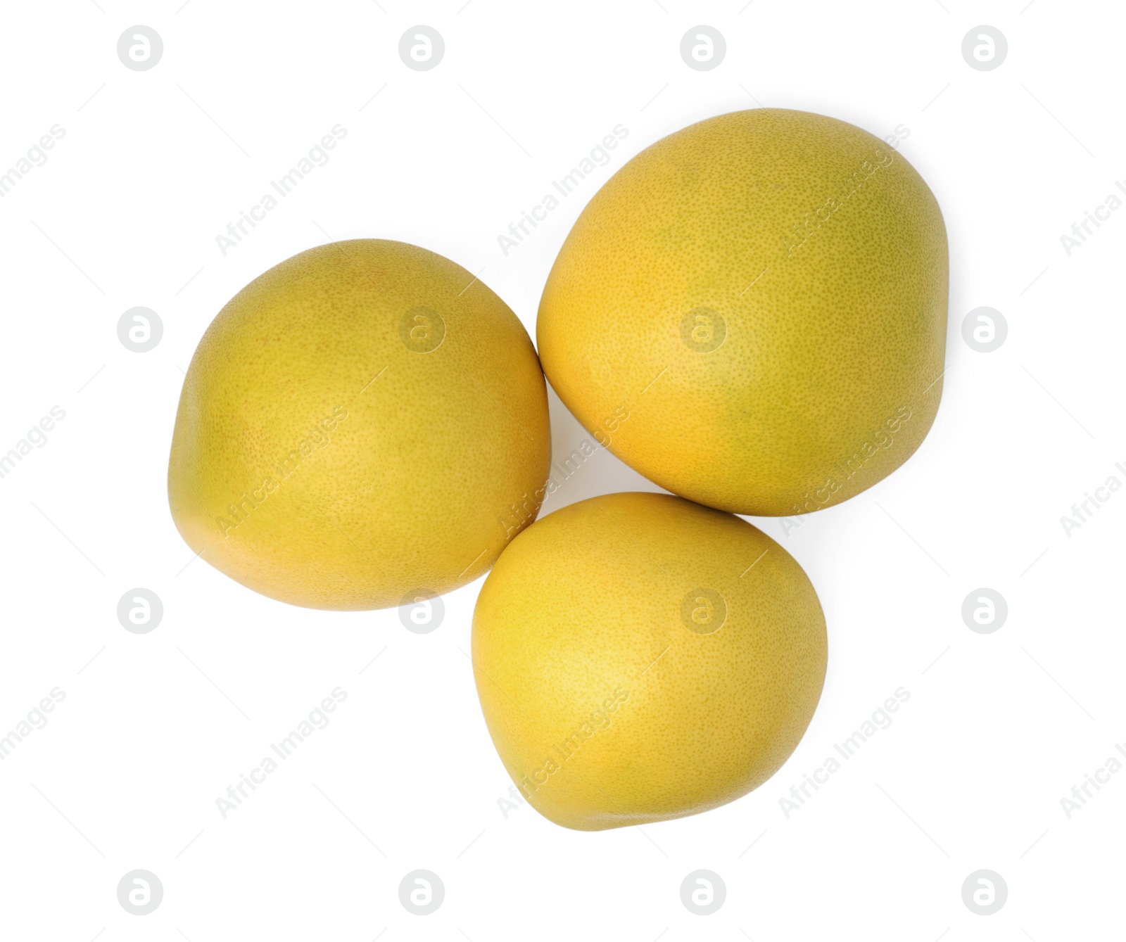 Photo of Tasty fresh pomelo fruits isolated on white, top view