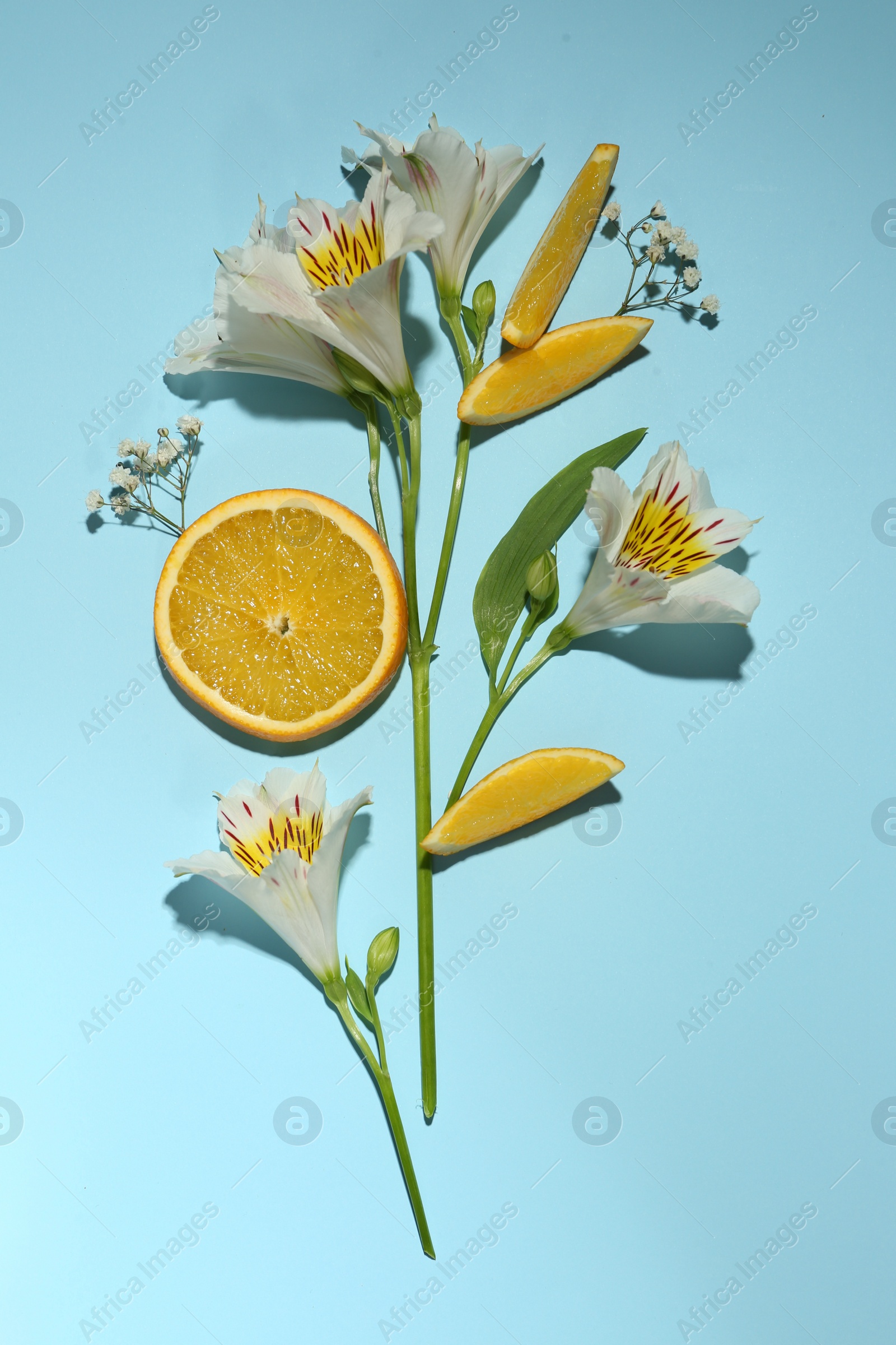 Photo of Flat lay composition with alstroemeria flowers and orange slices on light blue background