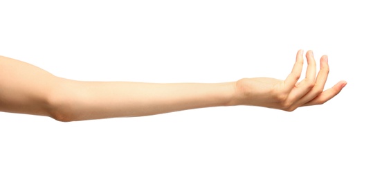 Photo of Young woman holding hand on white background, closeup