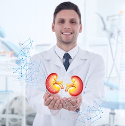 Image of Happy doctor holding virtual image of kidneys indoors