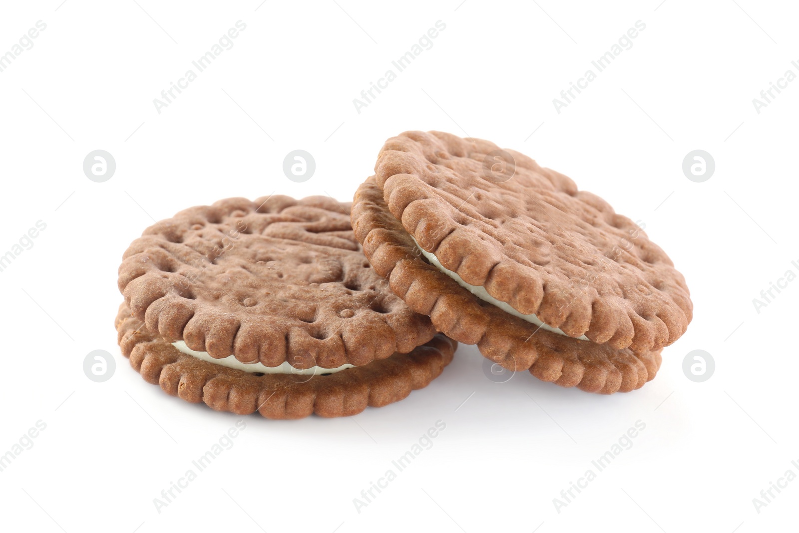 Photo of Tasty chocolate sandwich cookies on white background