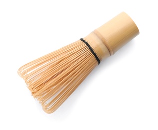 Photo of Tea whisk made of bamboo on white background, top view