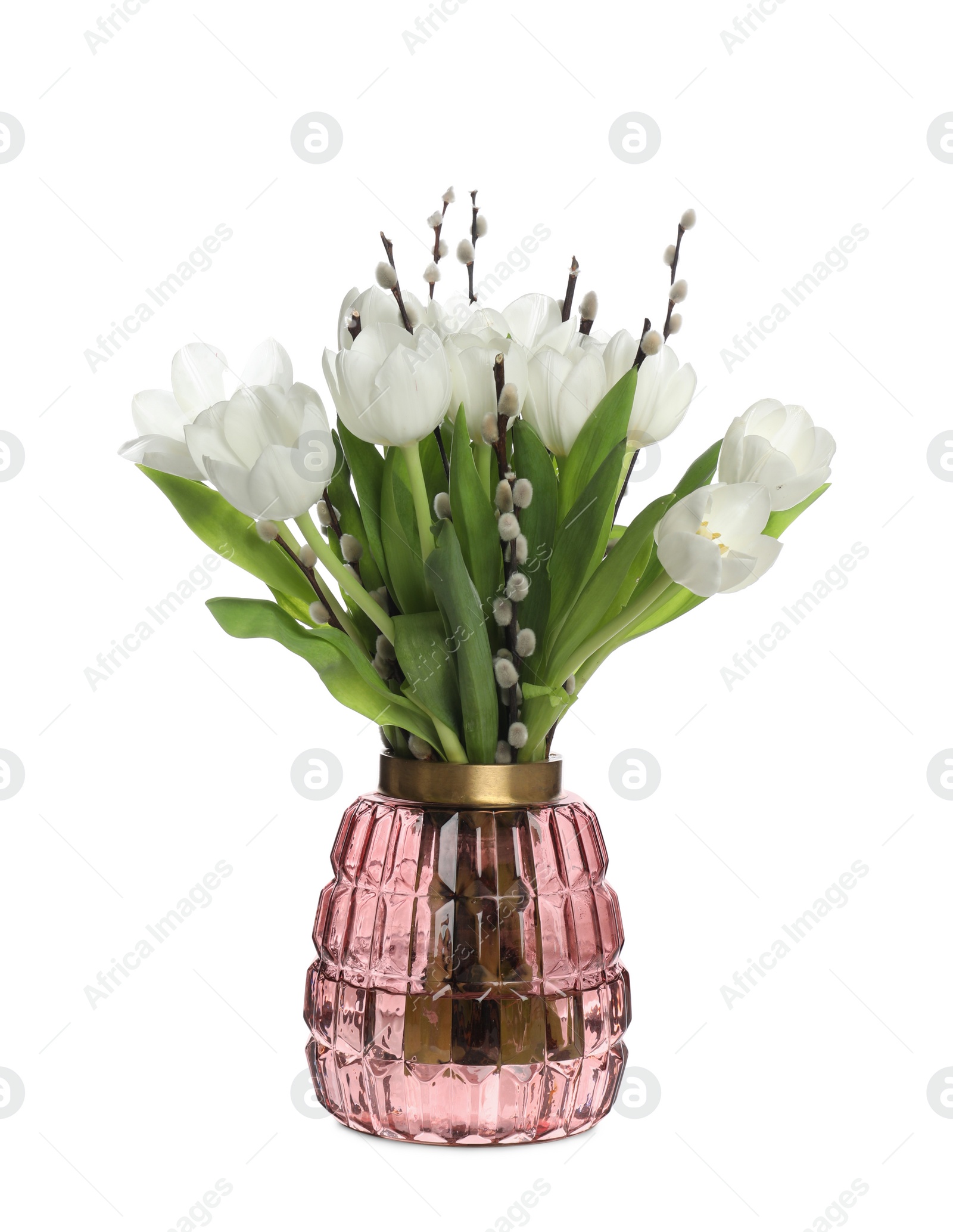 Photo of Beautiful bouquet of willow branches and tulips in vase isolated on white