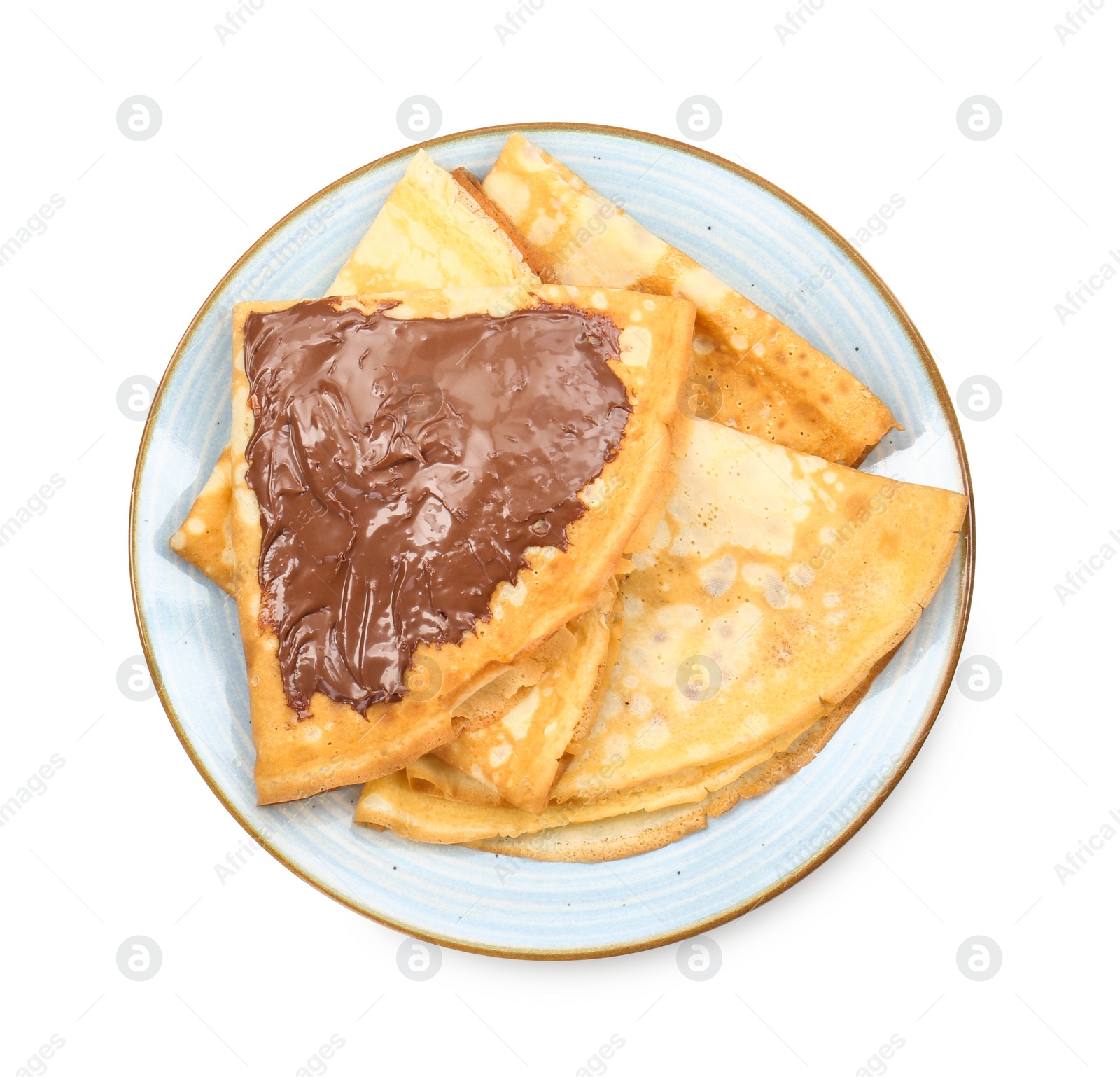 Photo of Tasty crepes with chocolate paste isolated on white, top view