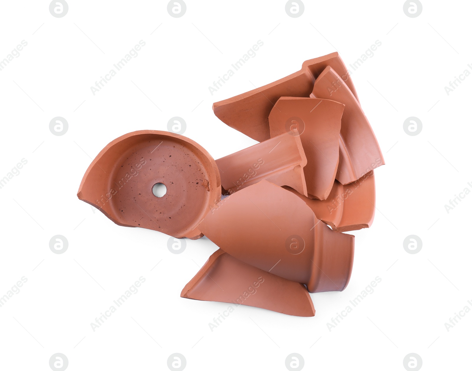 Photo of Broken terracotta flower pot isolated on white, top view