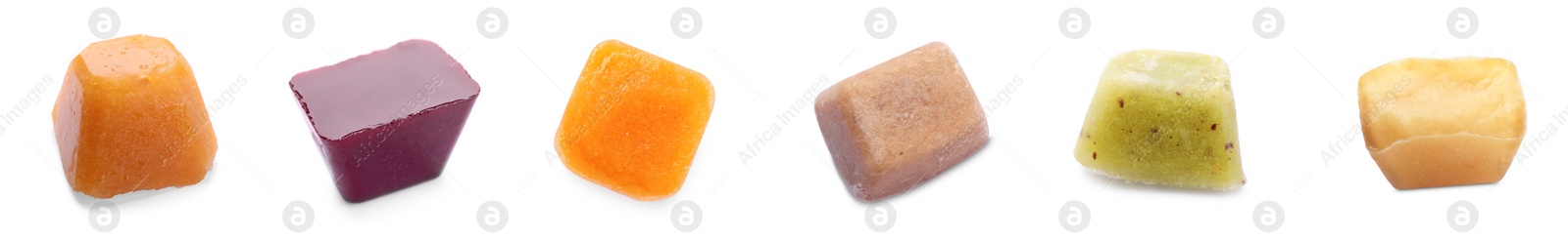 Image of Set with different frozen puree cubes on white background, banner design