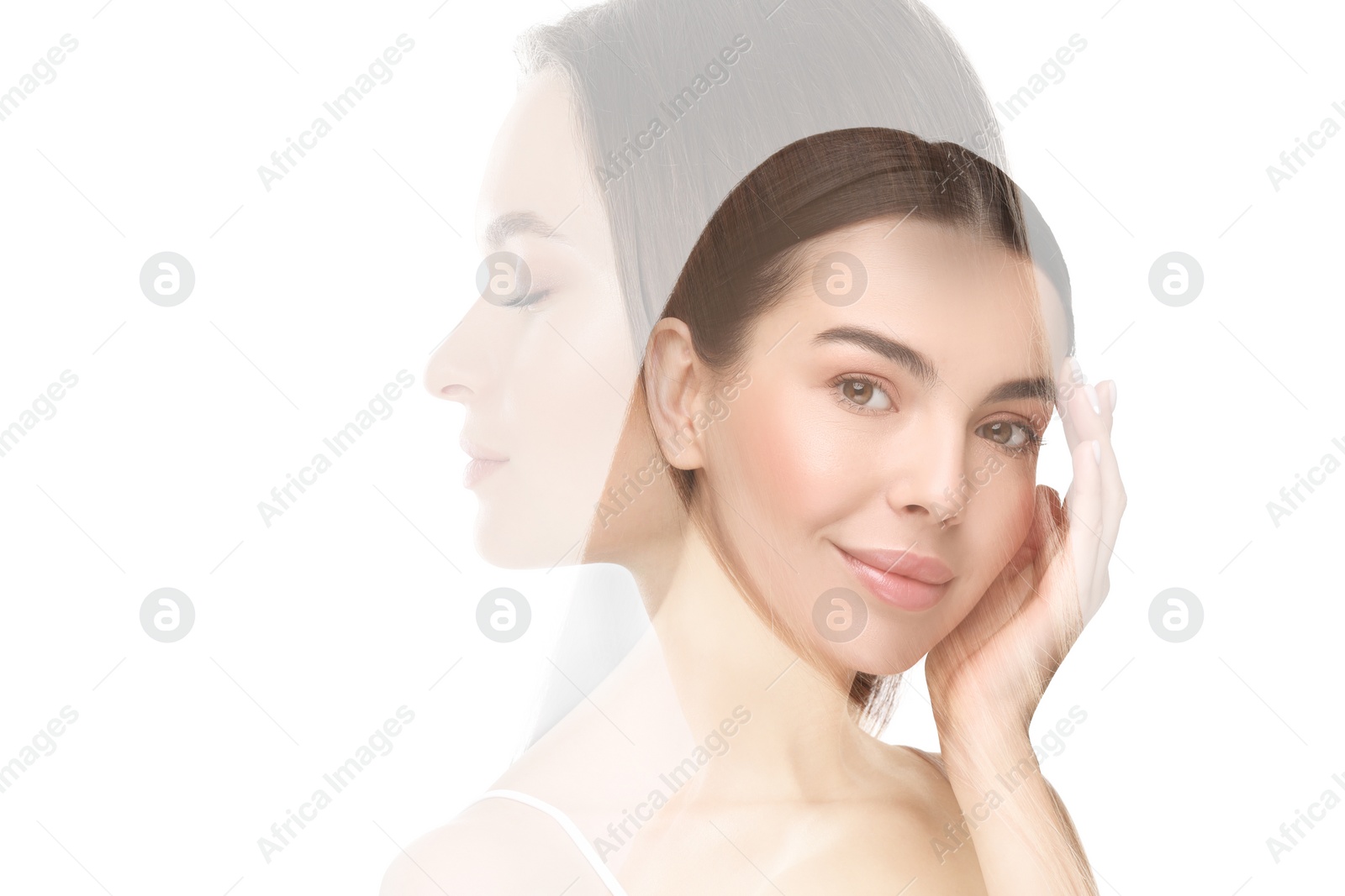 Image of Double exposure of beautiful women on white background