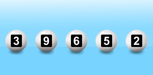 Illustration of Set of lottery balls with numbers on light blue gradient background