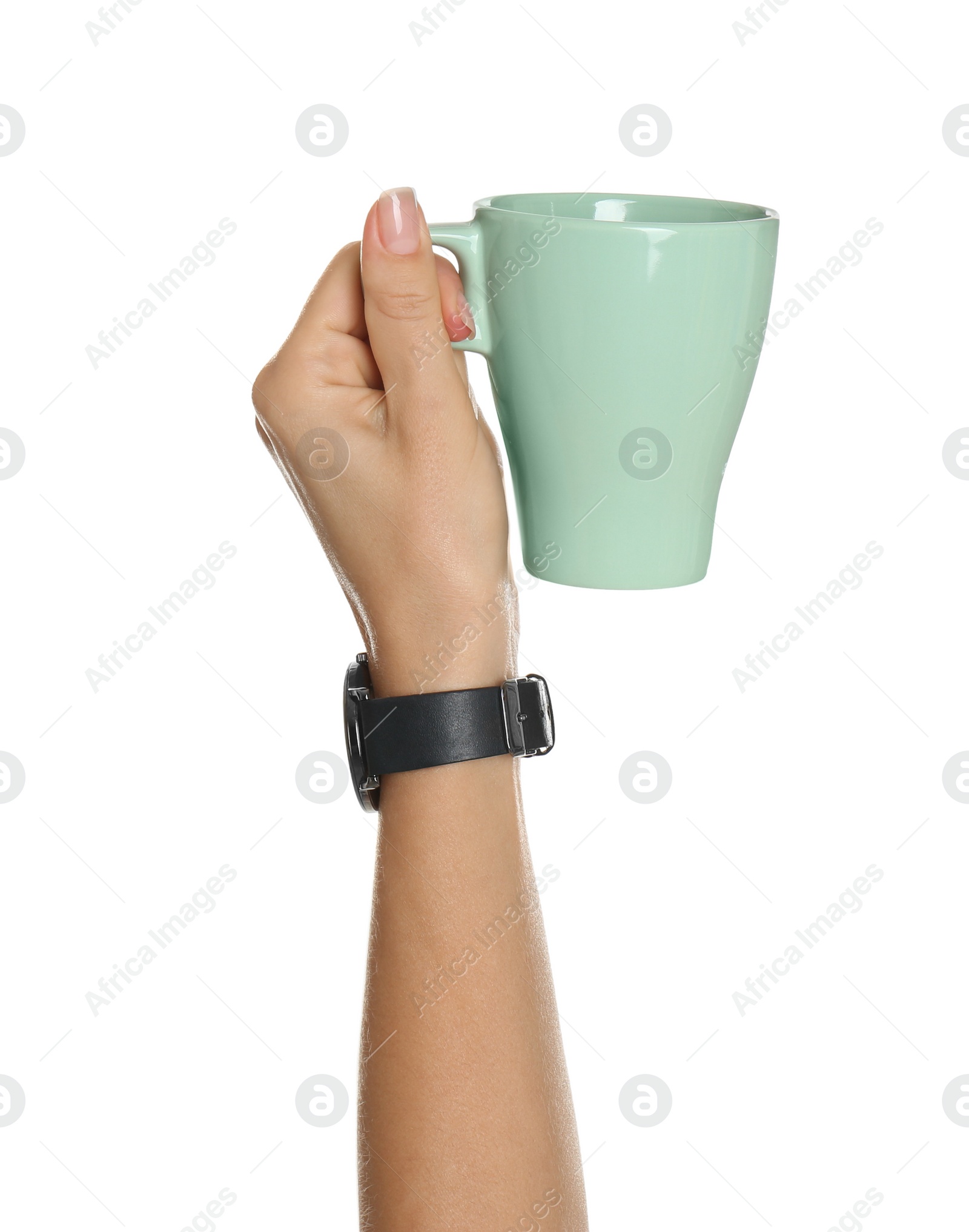 Photo of Woman holding elegant green cup on white background, closeup