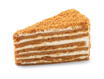 Photo of Slice of delicious honey cake isolated on white