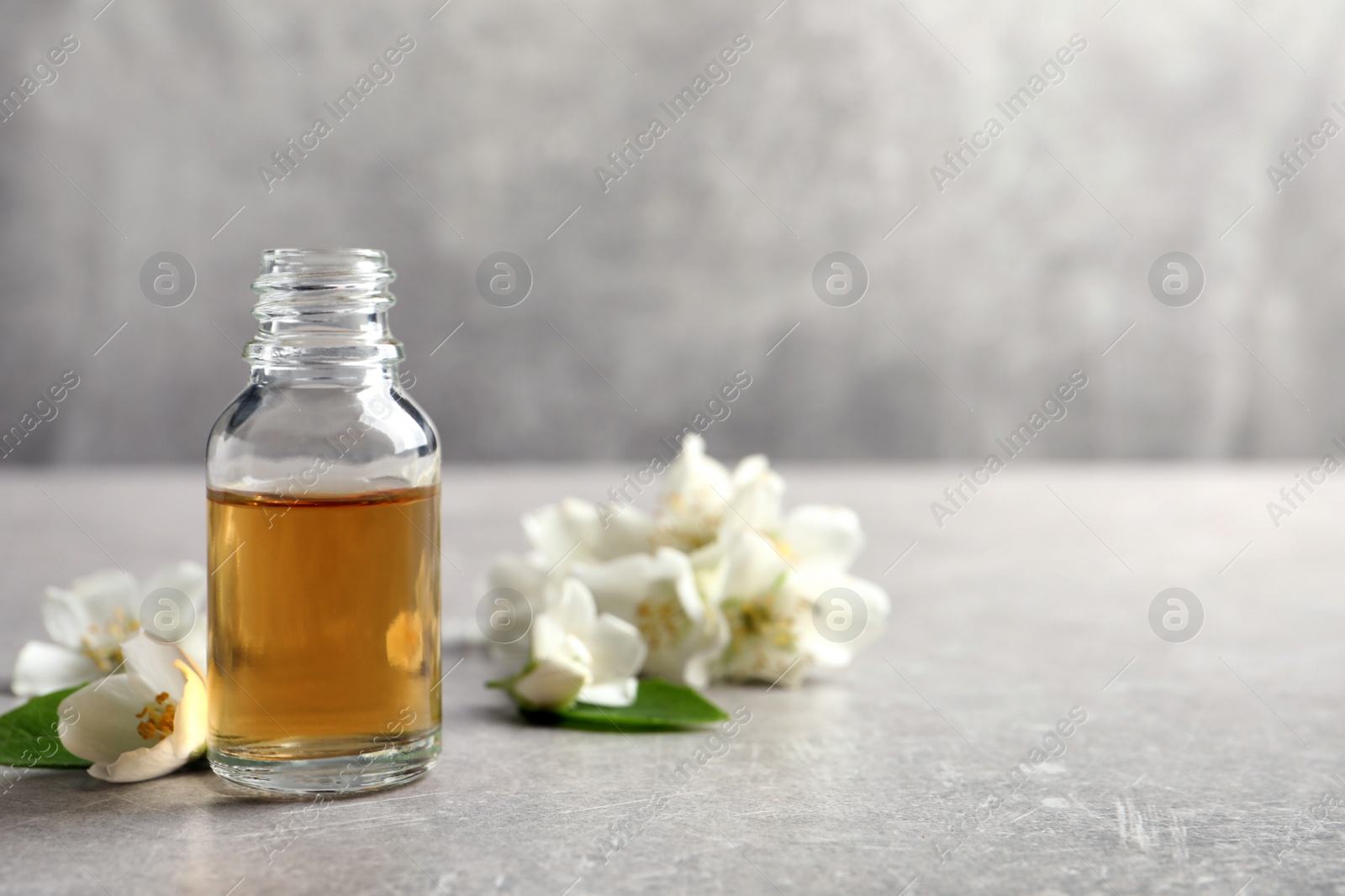 Photo of Essential oil and jasmine flowers on light grey table. Space for text