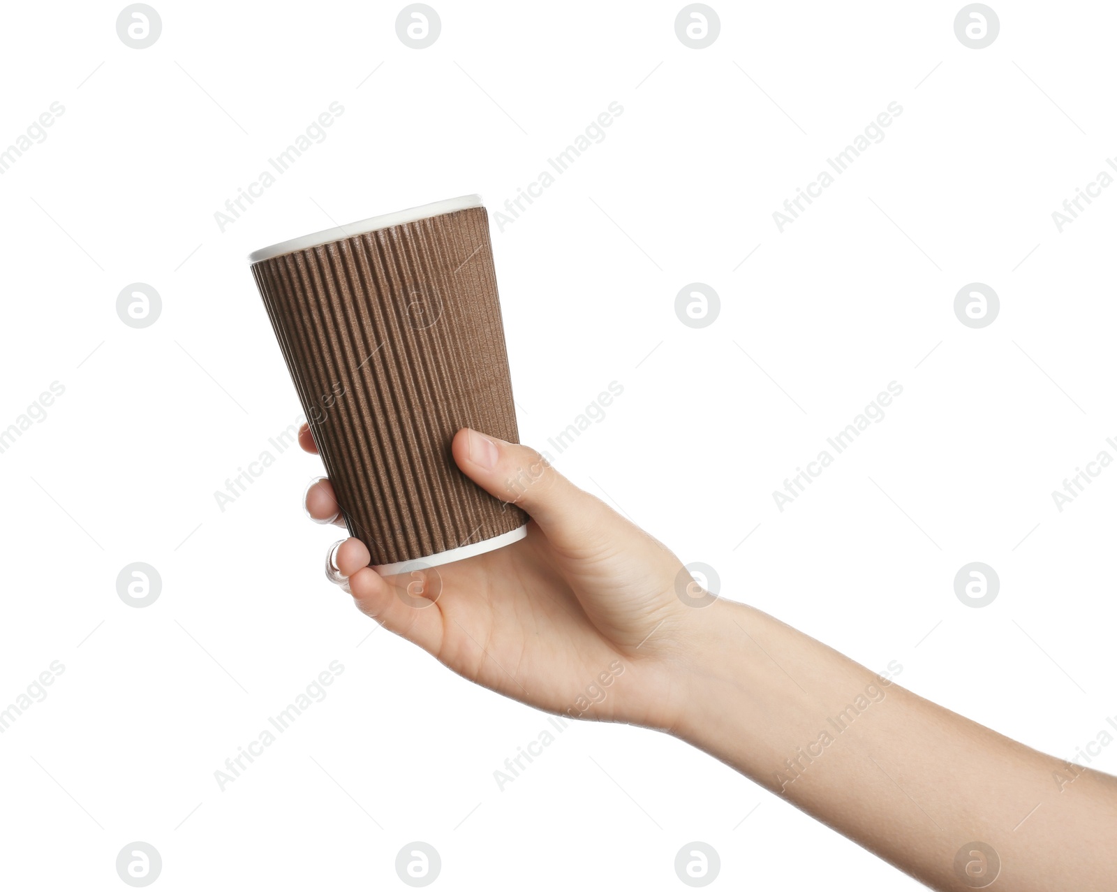 Photo of Poor woman begging for money on white background, closeup