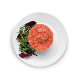 Photo of Tasty salmon tartare with basil and arugula isolated on white, top view