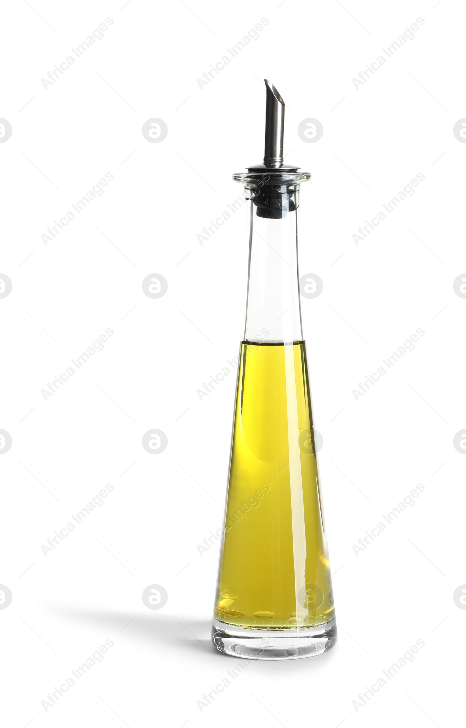 Photo of Glass bottle with fresh olive oil on white background