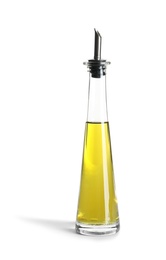 Photo of Glass bottle with fresh olive oil on white background