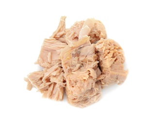 Photo of Delicious canned tuna chunks on white background, top view