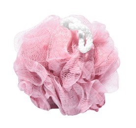 New pink shower puff isolated on white. Personal hygiene